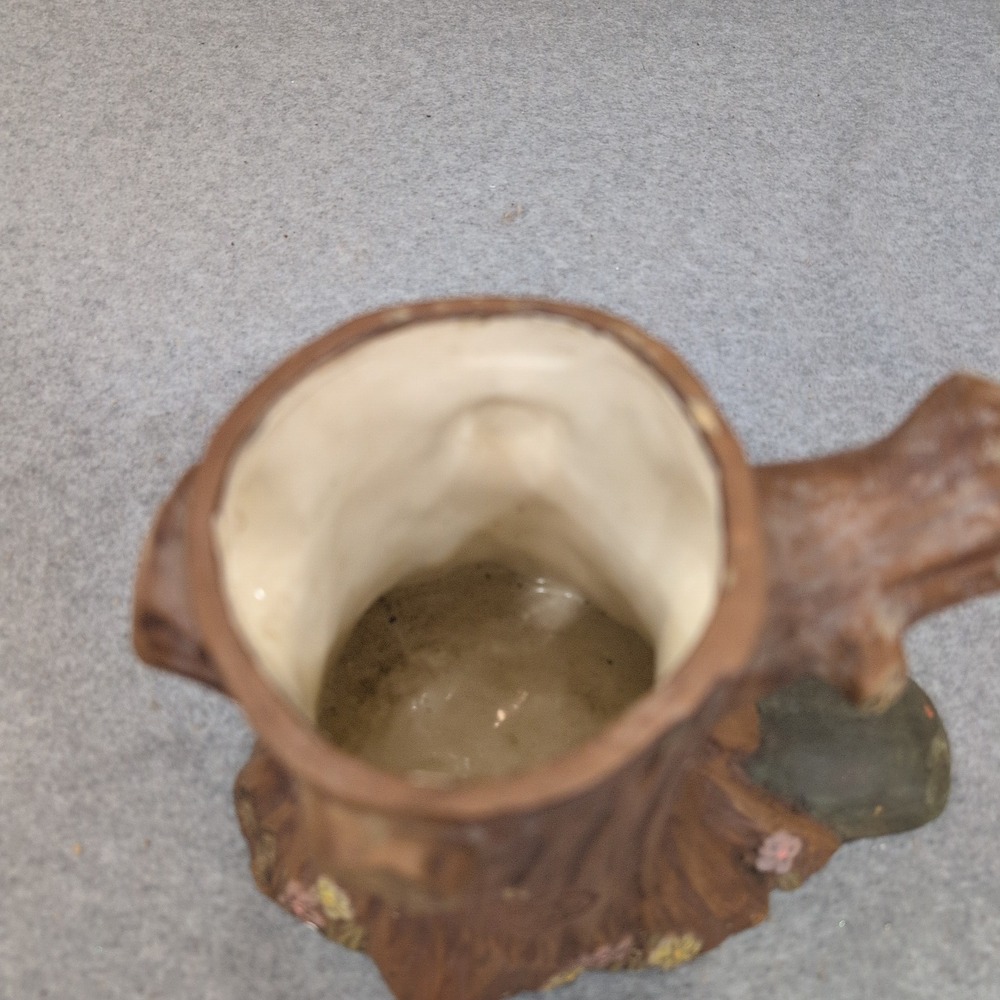 Vintage Tree Stump Ceramic Planter Bark Texture Heart Carving Brown Floral - Picture 3 of 13